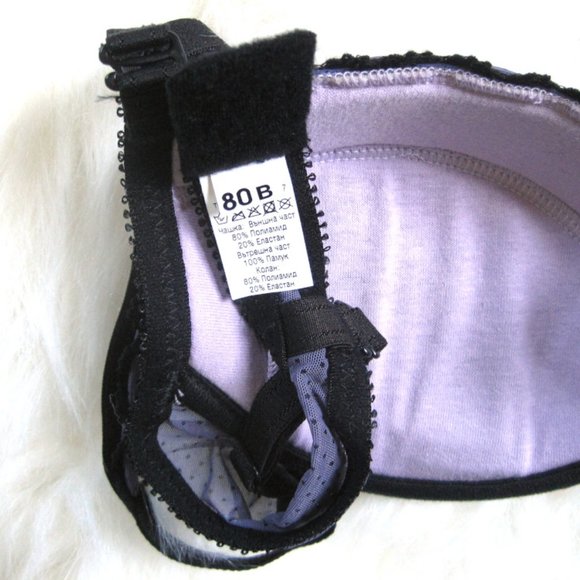 Purple Black Polka Dot Lace Padded Demi Bra Thong Set, Convertible Straps, 36B L - Picture 3 of 7